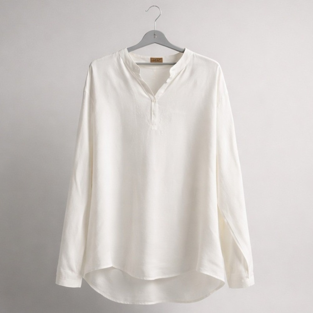 Cubavera Henley Shirt XXL White Linen Blend Long Sleeve Embroidered Band Collar
